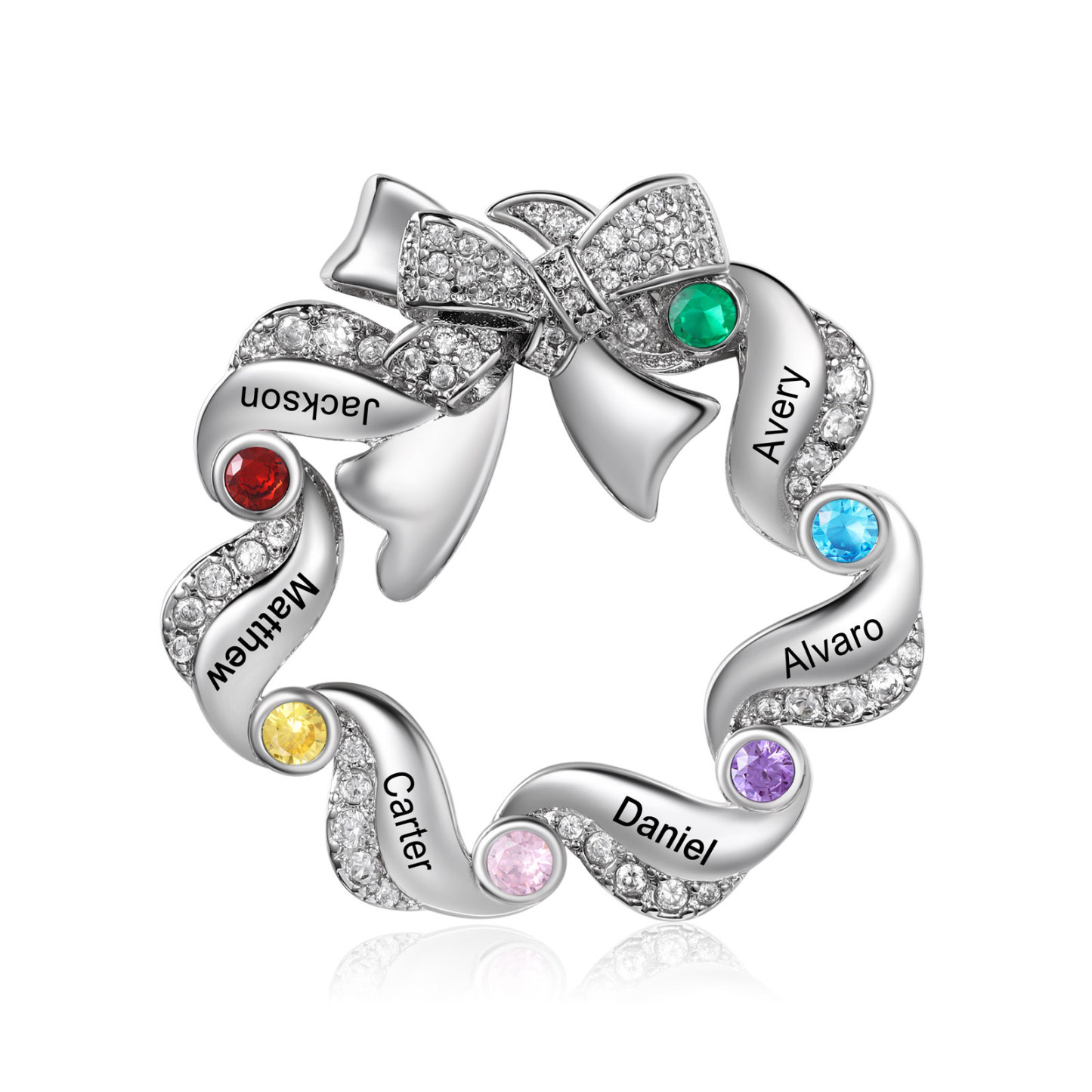 Personalized Fashion Bow Brooch Customized with 6 Names and Birthstones Gift for Her