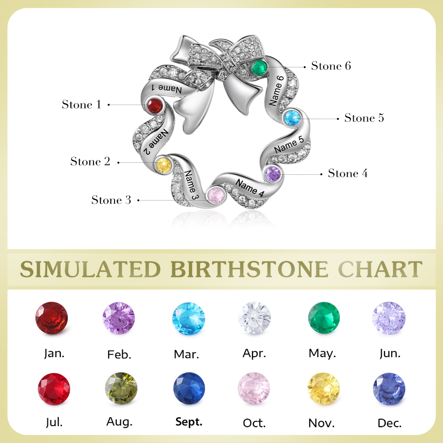 Personalized Fashion Bow Brooch Customized with 6 Names and Birthstones Gift for Her