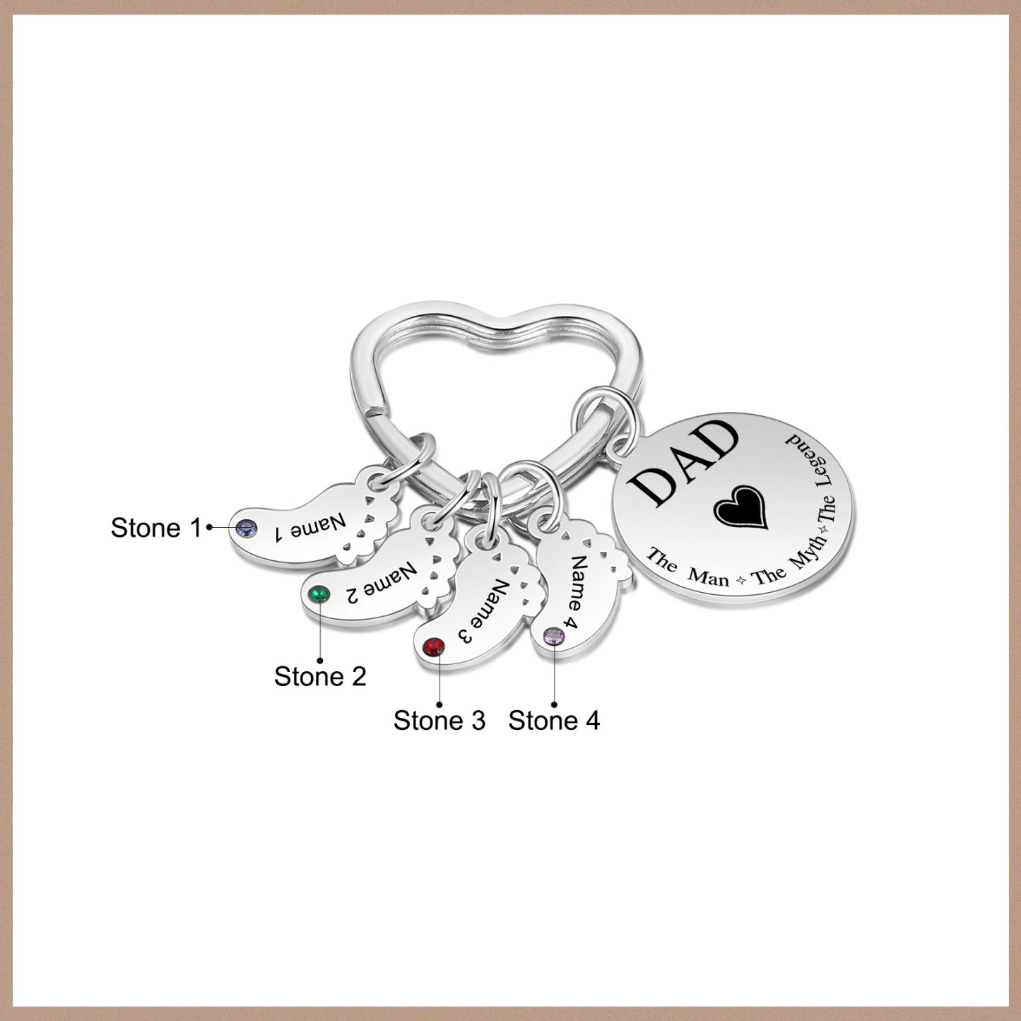 5 Names & 1 Text Personalised Keychain with Kids' Names & Birthstones | Lorajewel