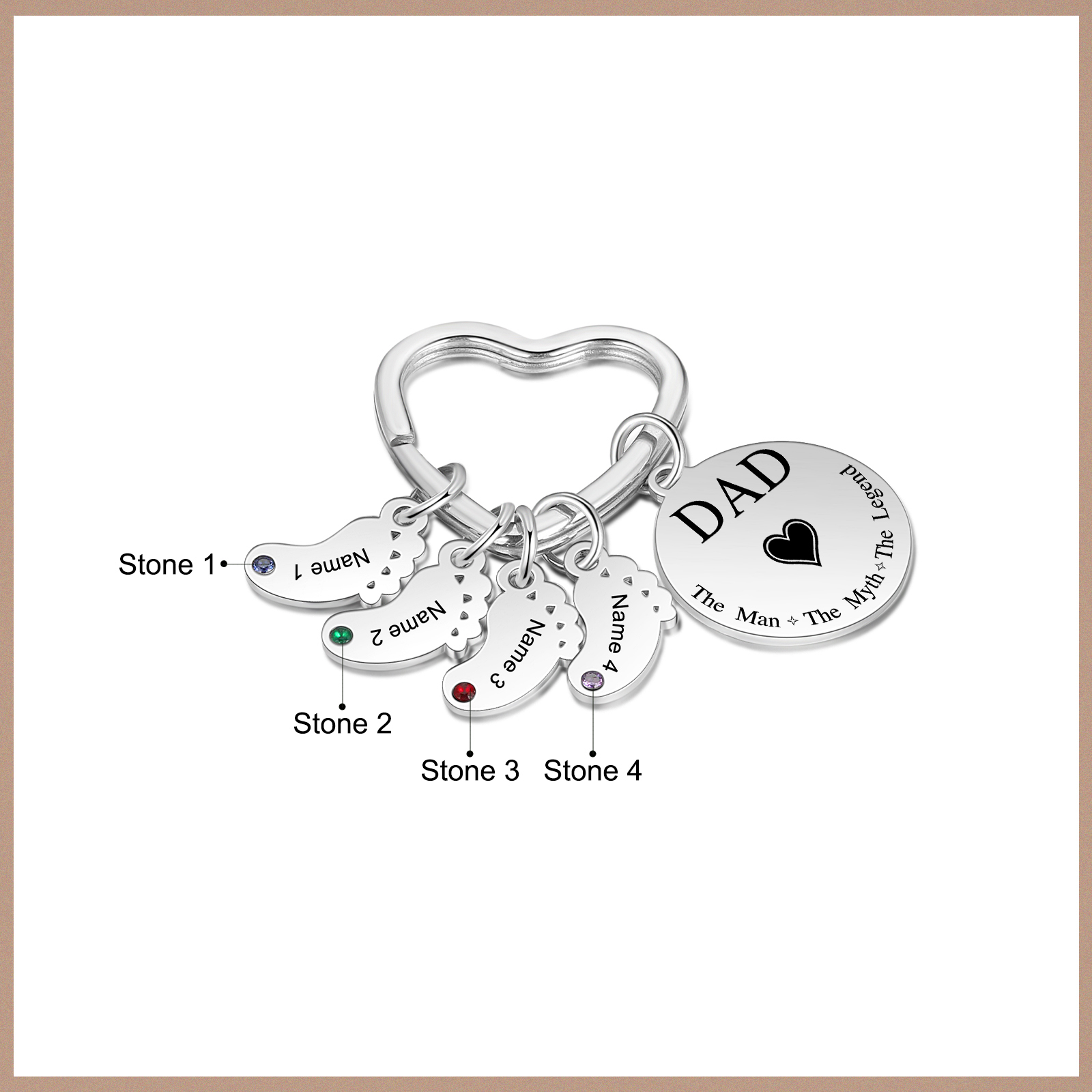 5 Names & 1 Text Personalised Keychain with Kids' Names & Birthstones | Lorajewel