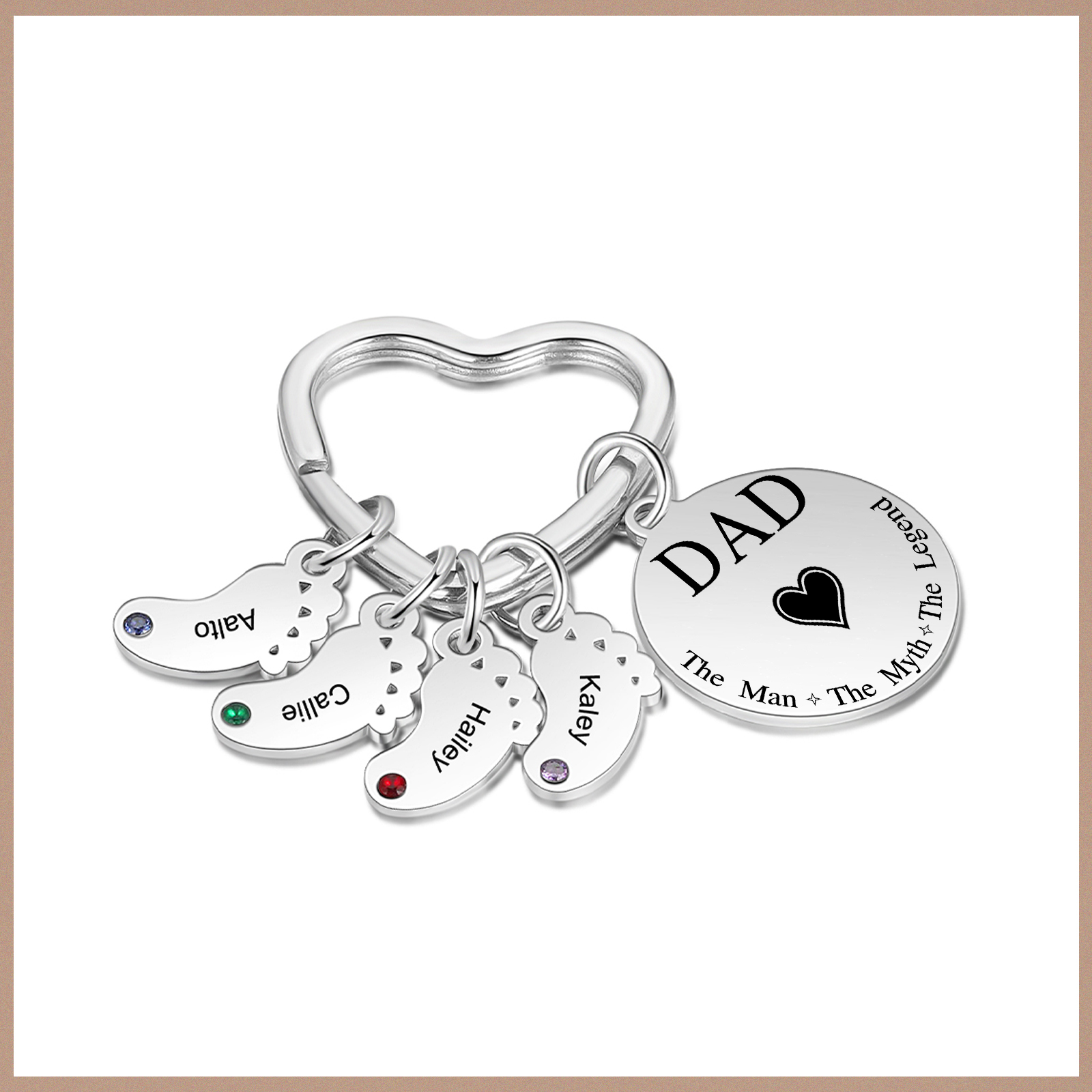 5 Names & 1 Text Personalised Keychain with Kids' Names & Birthstones | Lorajewel