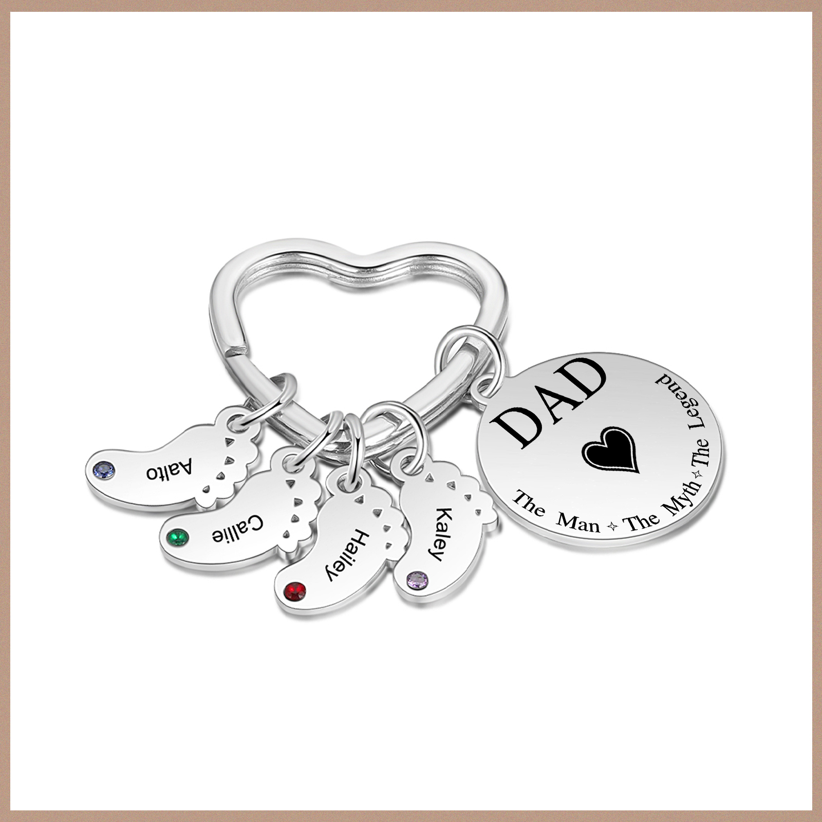 5 Names & 1 Text Personalised Keychain with Kids' Names & Birthstones | Lorajewel