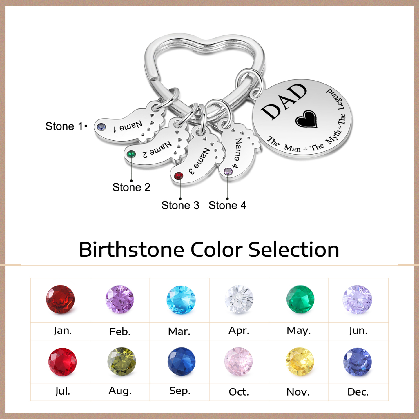 5 Names & 1 Text Personalised Keychain with Kids' Names & Birthstones | Lorajewel