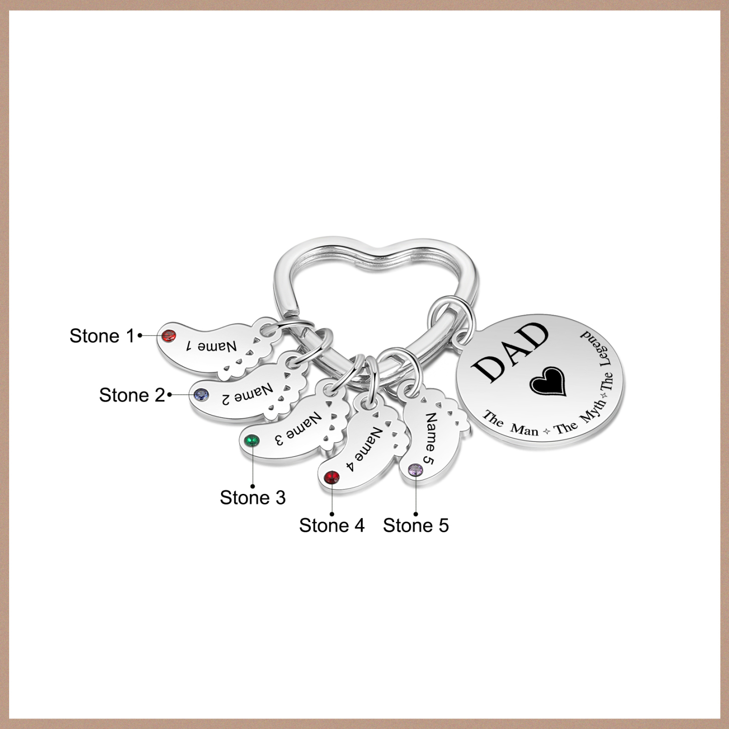 6 Names & 1 Text Personalised Keychain with Kids' Names & Birthstones | Lorajewel