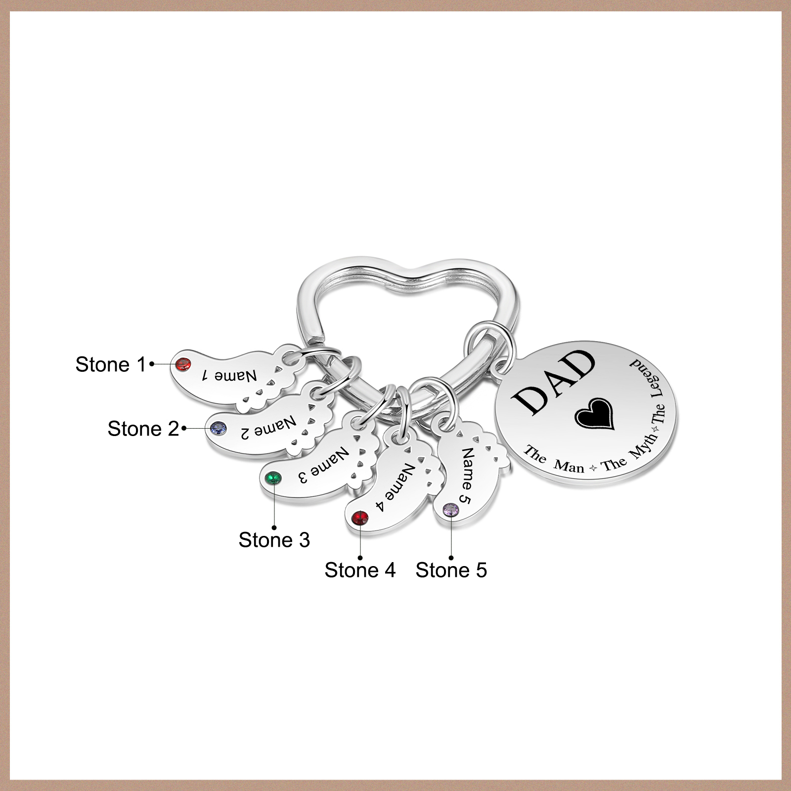 6 Names & 1 Text Personalised Keychain with Kids' Names & Birthstones | Lorajewel