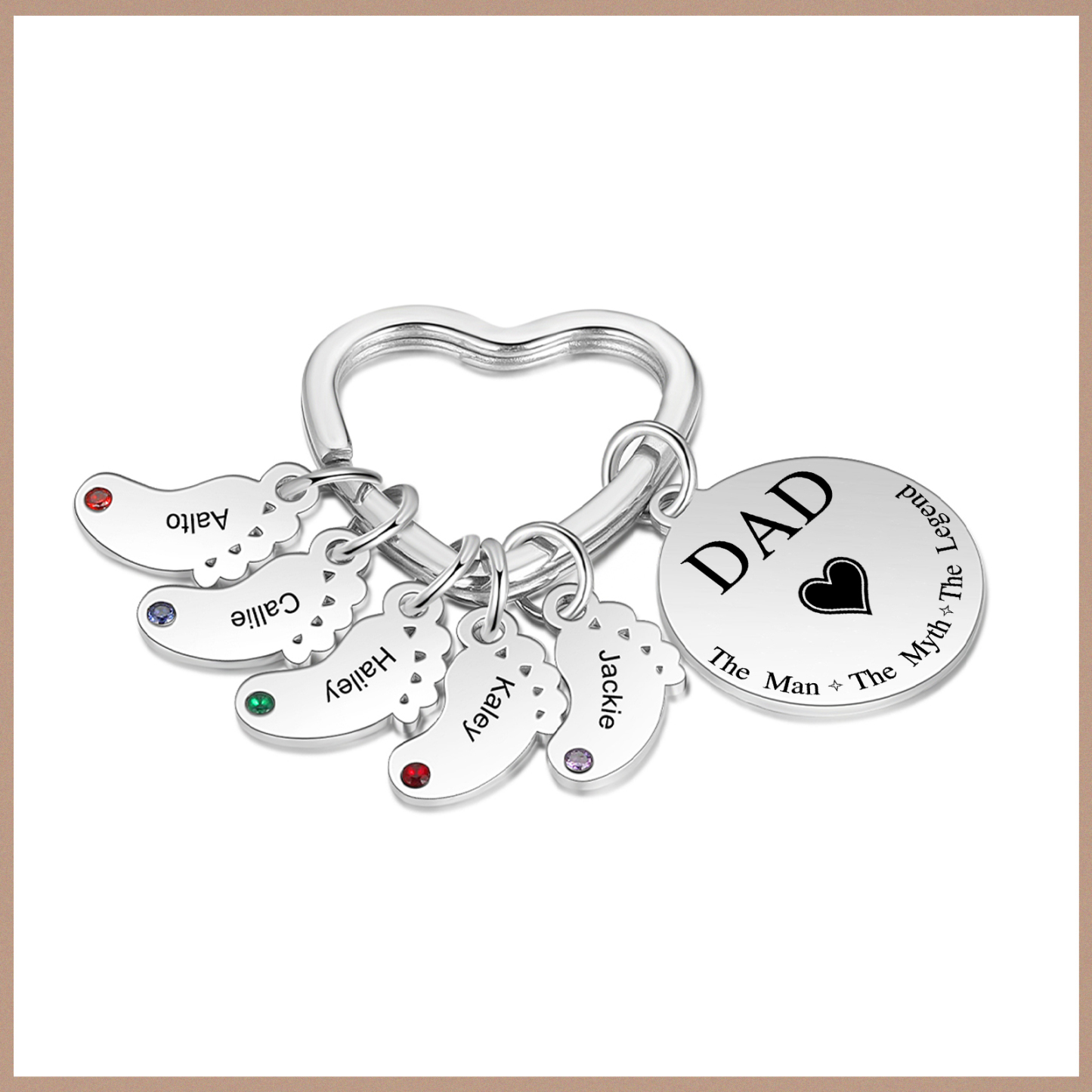 6 Names & 1 Text Personalised Keychain with Kids' Names & Birthstones | Lorajewel