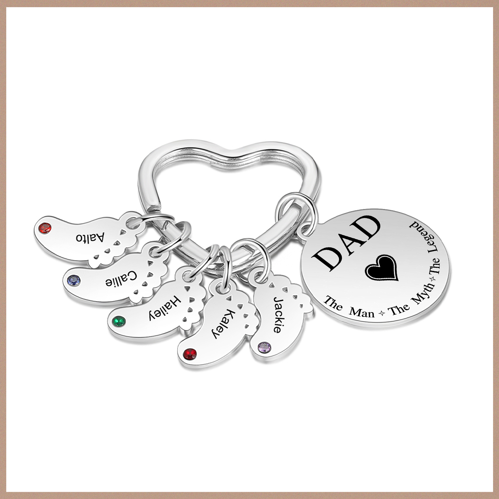 6 Names & 1 Text Personalised Keychain with Kids' Names & Birthstones | Lorajewel