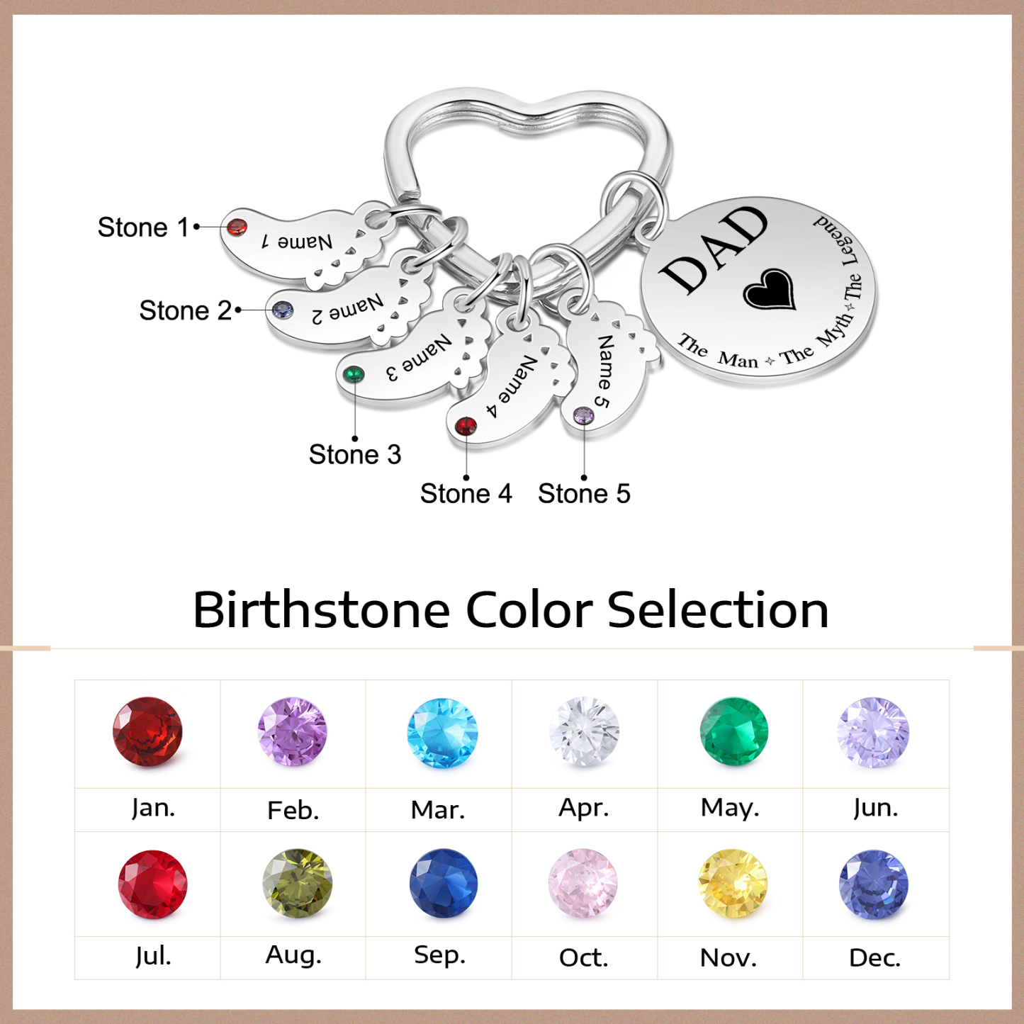 6 Names & 1 Text Personalised Keychain with Kids' Names & Birthstones | Lorajewel