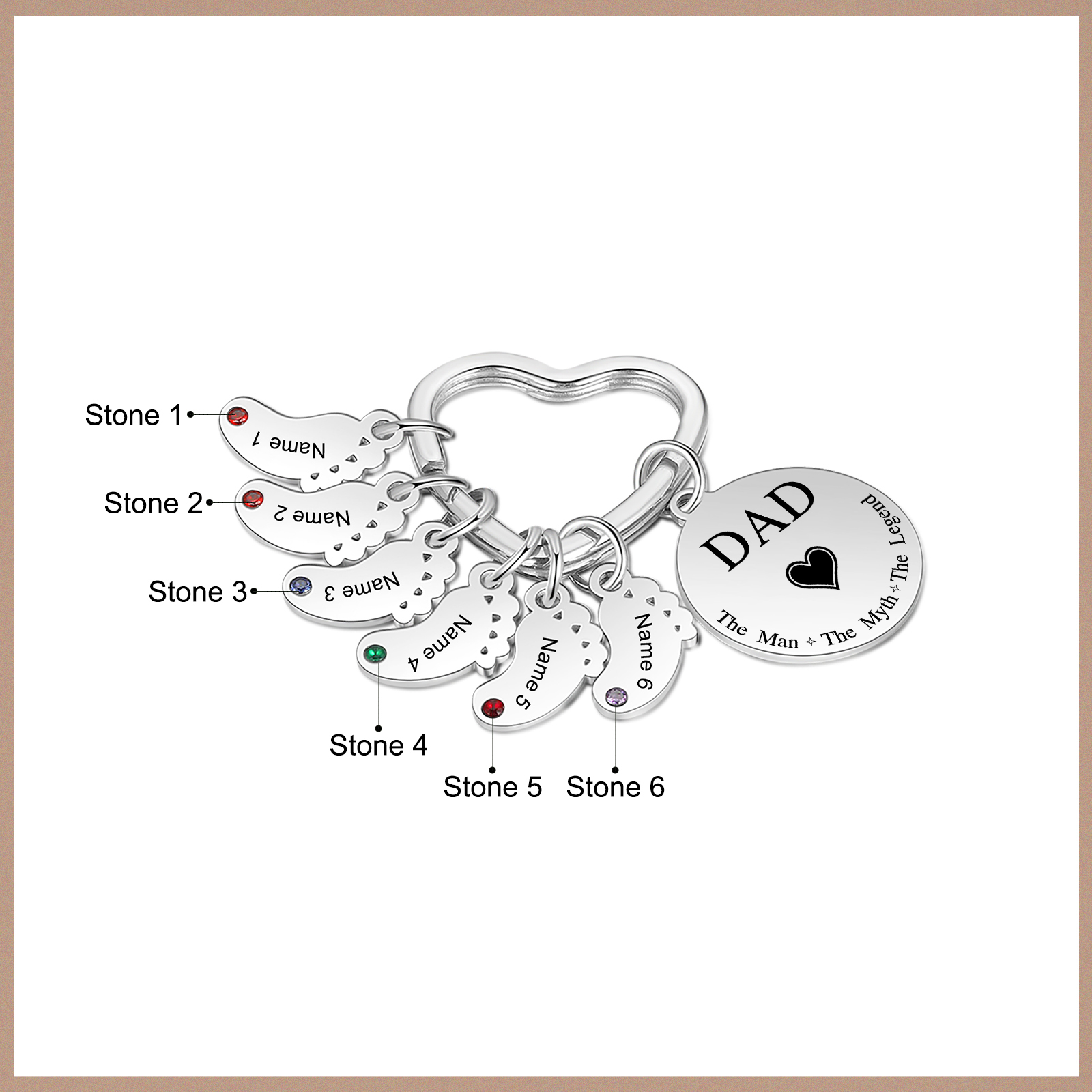 7 Names & 1 Text Personalised Keychain with Kids' Names & Birthstones | Lorajewel