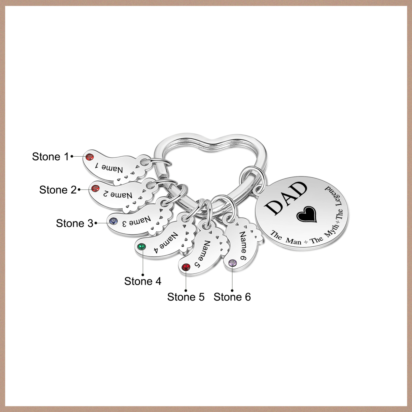 7 Names & 1 Text Personalised Keychain with Kids' Names & Birthstones | Lorajewel