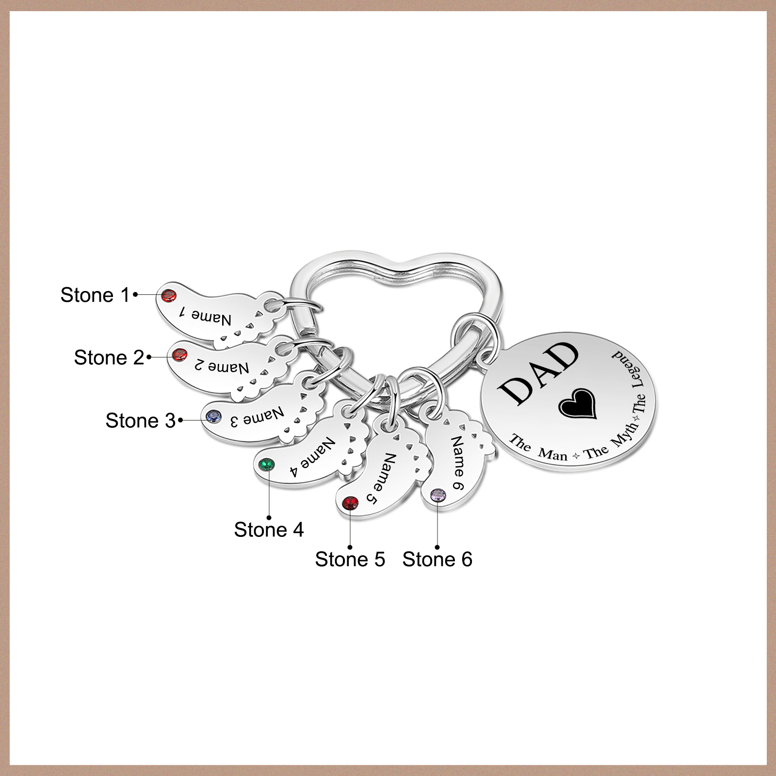 7 Names & 1 Text Personalised Keychain with Kids' Names & Birthstones | Lorajewel