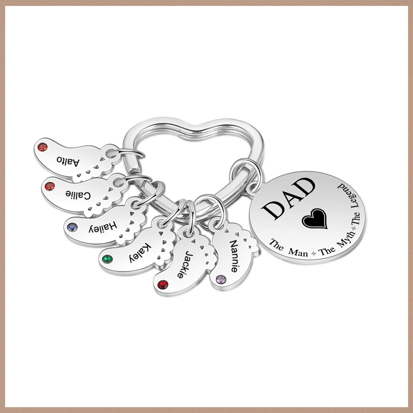 7 Names & 1 Text Personalised Keychain with Kids' Names & Birthstones | Lorajewel
