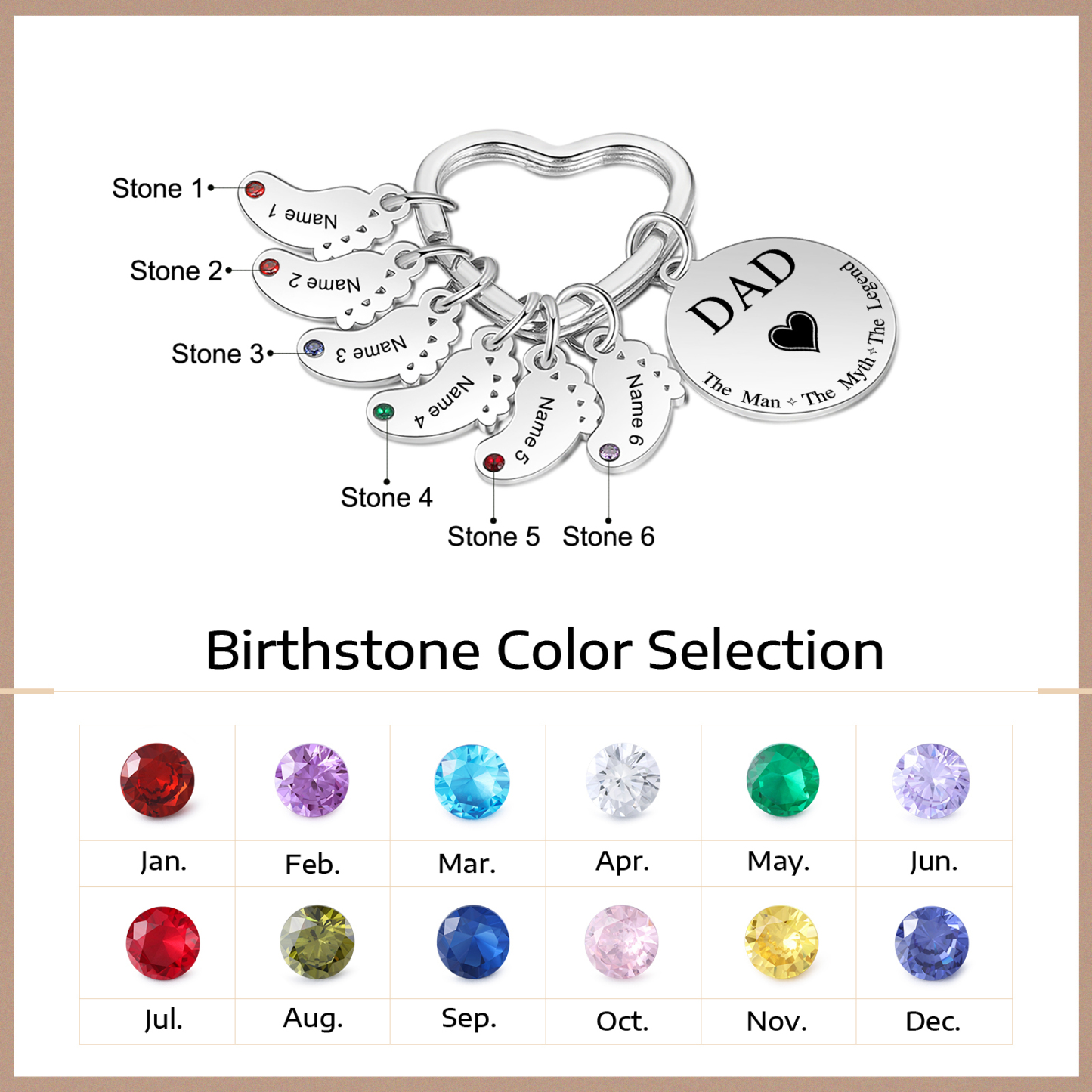 7 Names & 1 Text Personalised Keychain with Kids' Names & Birthstones | Lorajewel