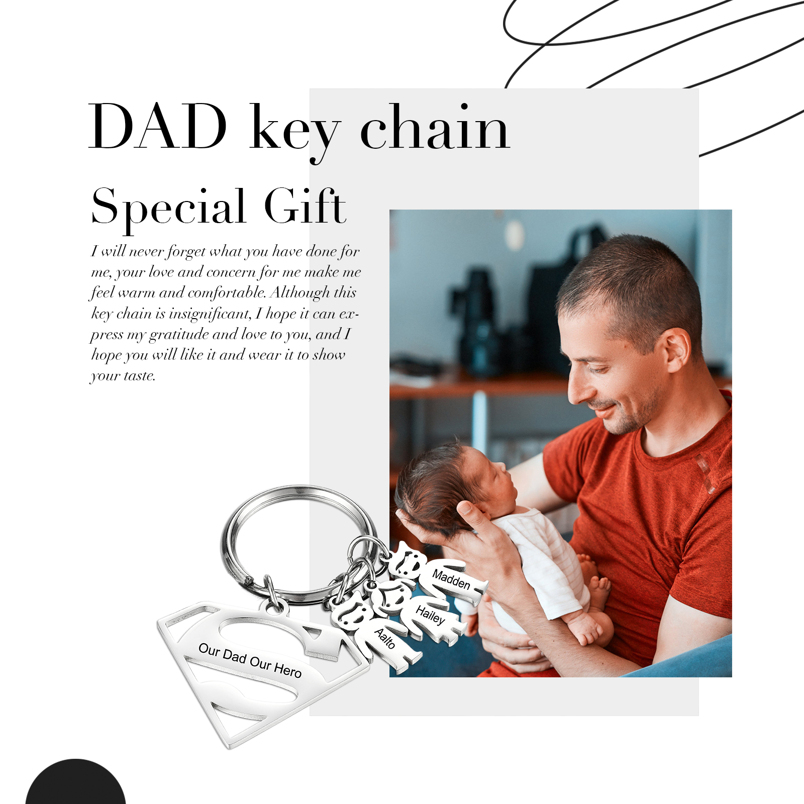 Kid Charm Superhero Personalized Keyring with 3 Names for Father's Day | Lorajewel