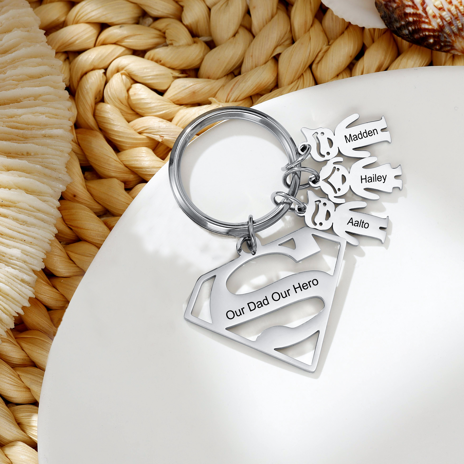 Kid Charm Superhero Personalized Keyring with 3 Names for Father's Day | Lorajewel