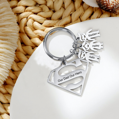 Kid Charm Superhero Personalized Keyring with 3 Names for Father's Day | Lorajewel