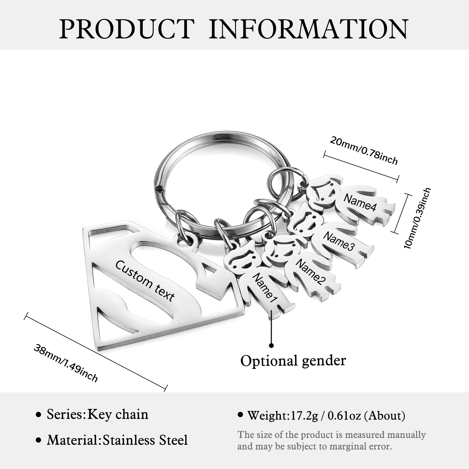 Kid Charm Superhero Personalized Keyring with 4 Names for Father's Day | Lorajewel