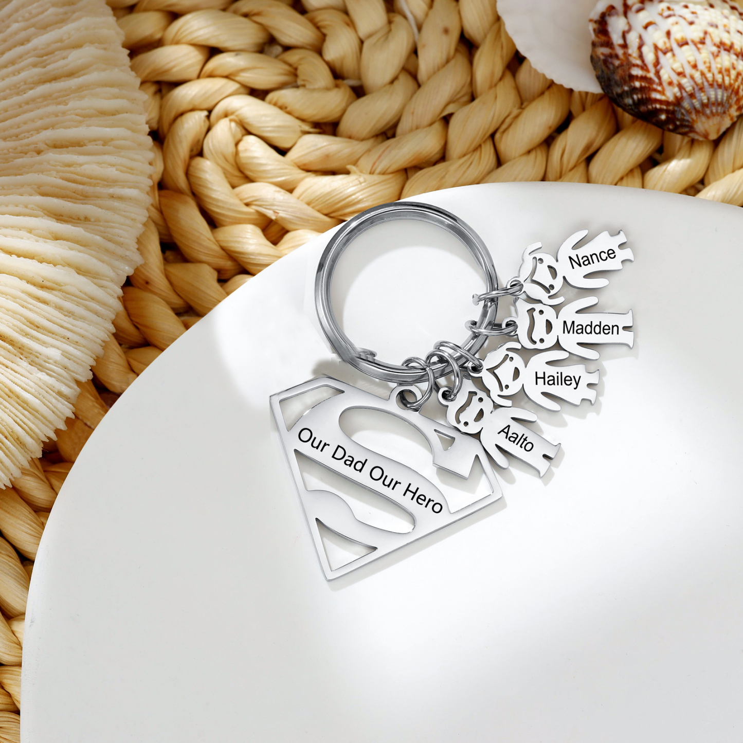 Kid Charm Superhero Personalized Keyring with 4 Names for Father's Day | Lorajewel