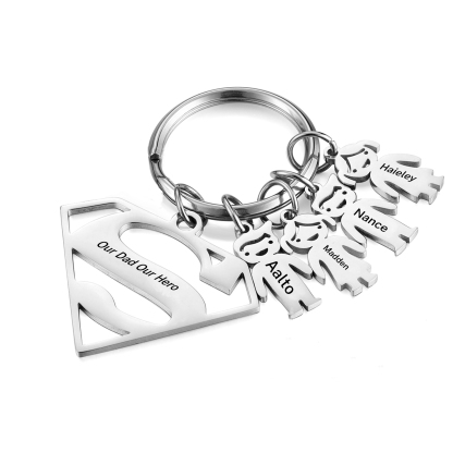 Kid Charm Superhero Personalized Keyring with 4 Names for Father's Day | Lorajewel