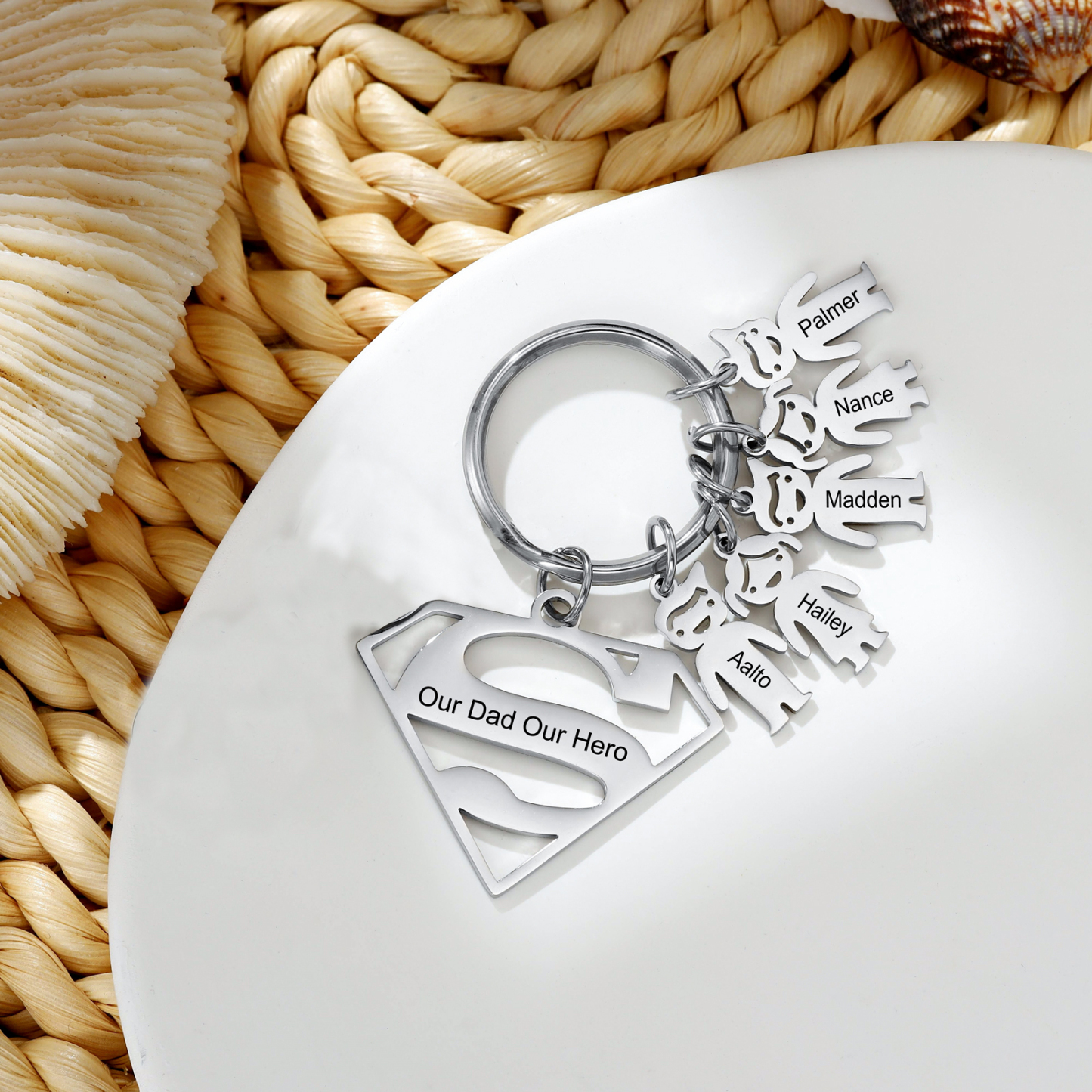Kid Charm Superhero Personalized Keyring with 5 Names for Father's Day | Lorajewel