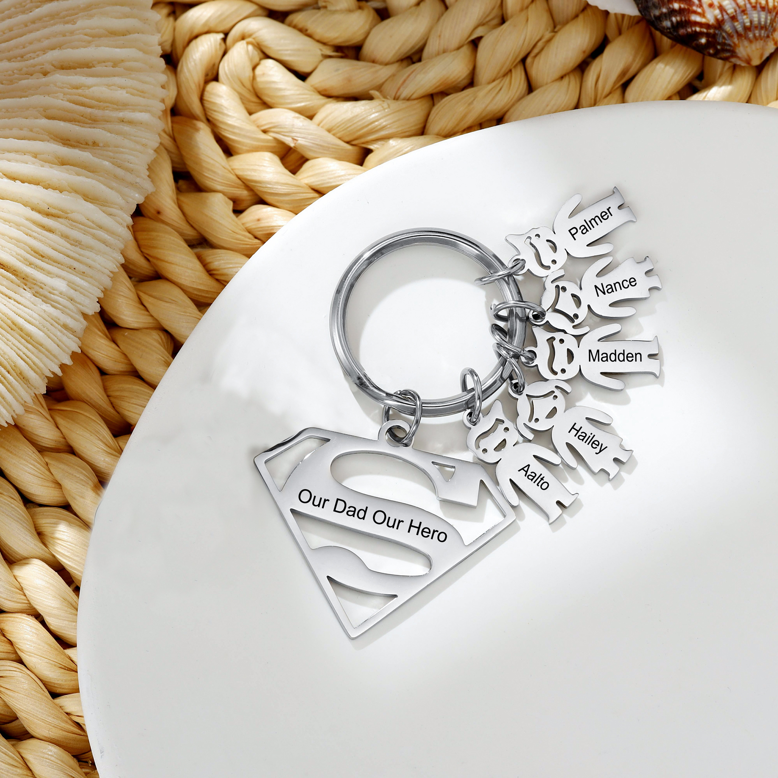 Kid Charm Superhero Personalized Keyring with 5 Names for Father's Day | Lorajewel