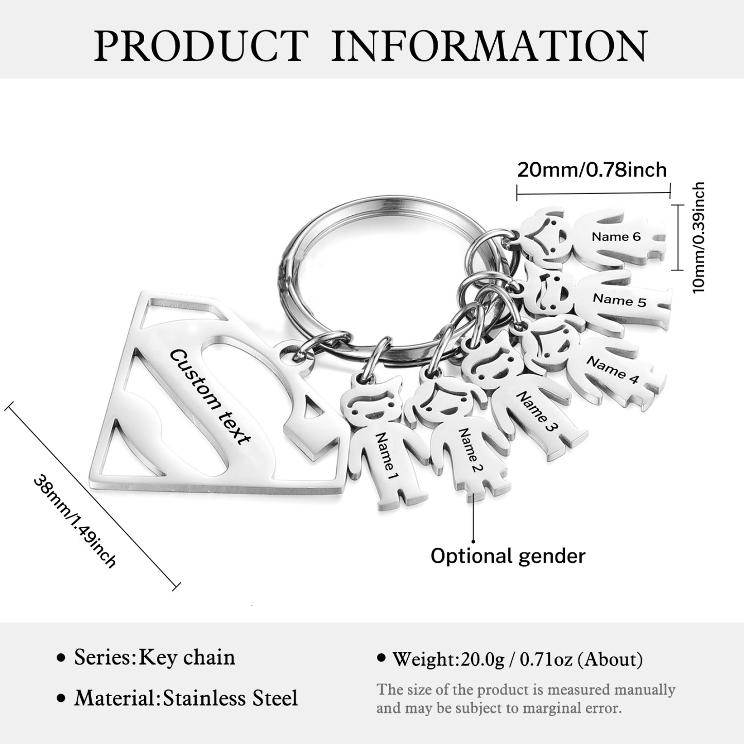 Kid Charm Superhero Personalized Keyring with 6 Names for Father's Day | Lorajewel