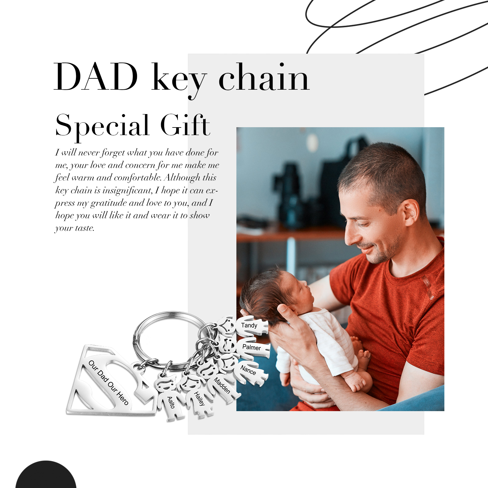 Kid Charm Superhero Personalized Keyring with 6 Names for Father's Day | Lorajewel