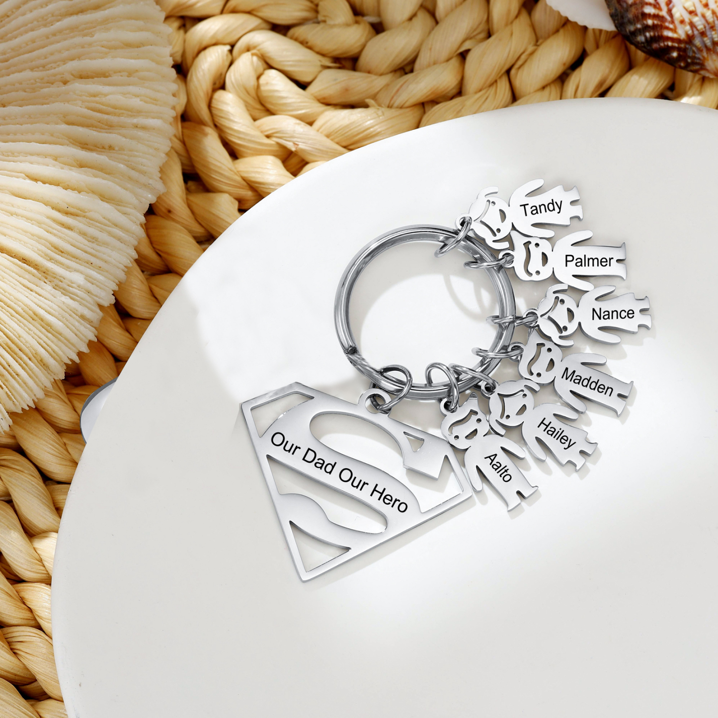 Kid Charm Superhero Personalized Keyring with 6 Names for Father's Day | Lorajewel