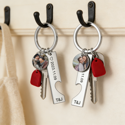 Personalized Couple Keychain Custom 2 Names & 2 Dates & 2 Photos Keyring Matching Couple Gifts Valentine's Day Gift for Him/Her