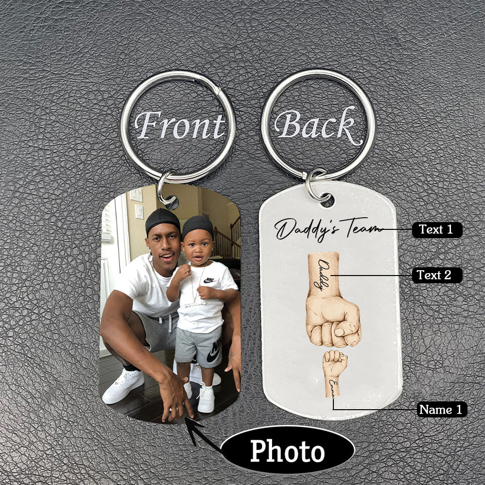 2 Texts, 1 Name & 1 Photo Personalized Keyring – “Daddy’s Team” Design | Lorajewel