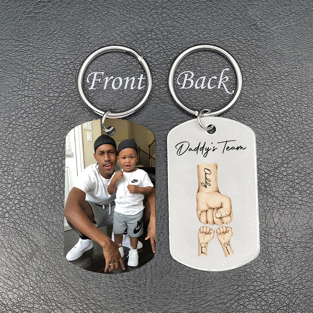2 Texts, 2 Names & 1 Photo Personalized Keyring – “Daddy’s Team” Design | Lorajewel