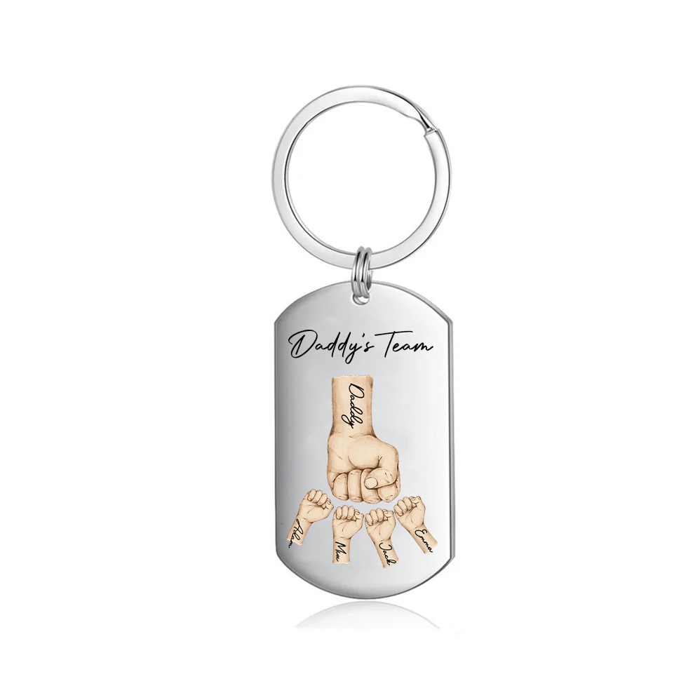 2 Texts, 4 Names & 1 Photo Personalized Keyring – “Daddy’s Team” Design | Lorajewel