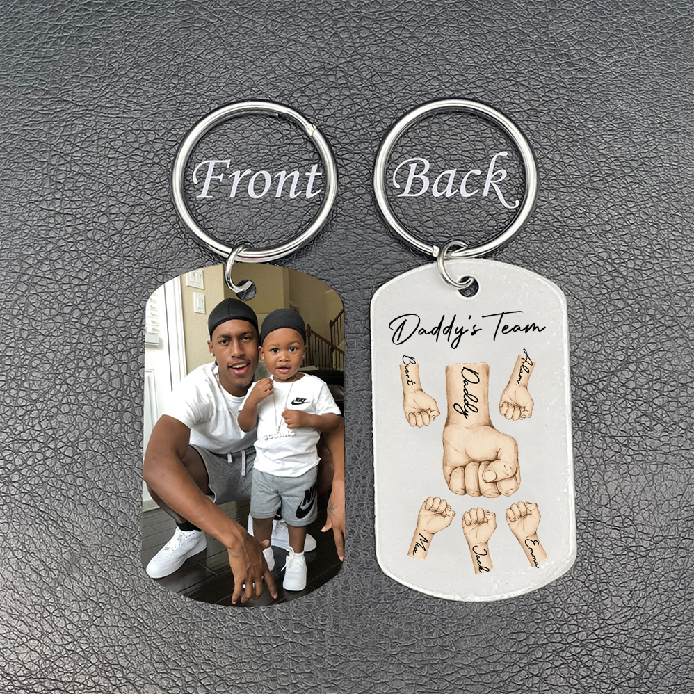 2 Texts, 5 Names & 1 Photo Personalized Keyring – “Daddy’s Team” Design | Lorajewel