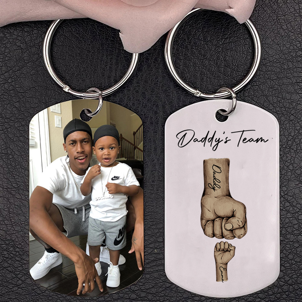 2 Texts, 1 Name & 1 Photo Personalized Keyring – “Daddy’s Team” Design | Lorajewel