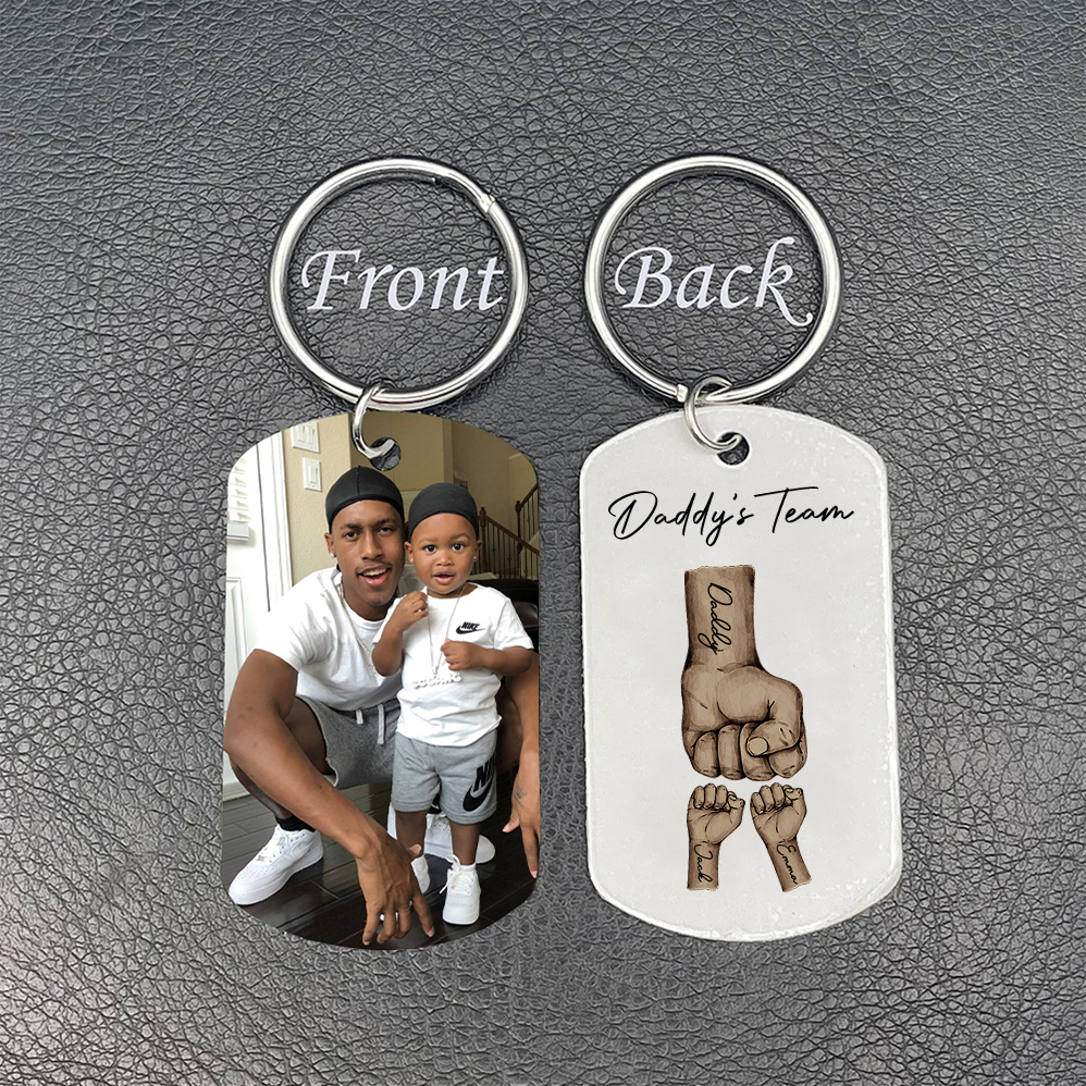 2 Texts, 2 Names & 1 Photo Personalized Keyring – “Daddy’s Team” Design | Lorajewel