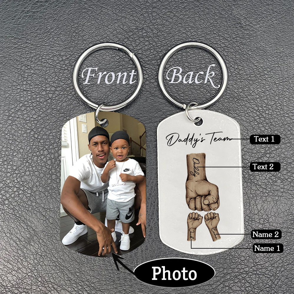 2 Texts, 2 Names & 1 Photo Personalized Keyring – “Daddy’s Team” Design | Lorajewel