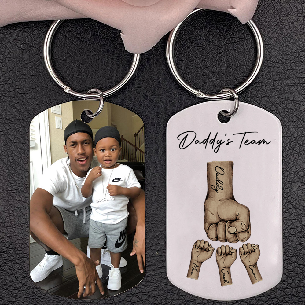 2 Texts, 3 Names & 1 Photo Personalized Keyring – “Daddy’s Team” Design | Lorajewel