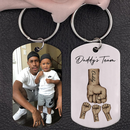 2 Texts, 3 Names & 1 Photo Personalized Keyring – “Daddy’s Team” Design | Lorajewel