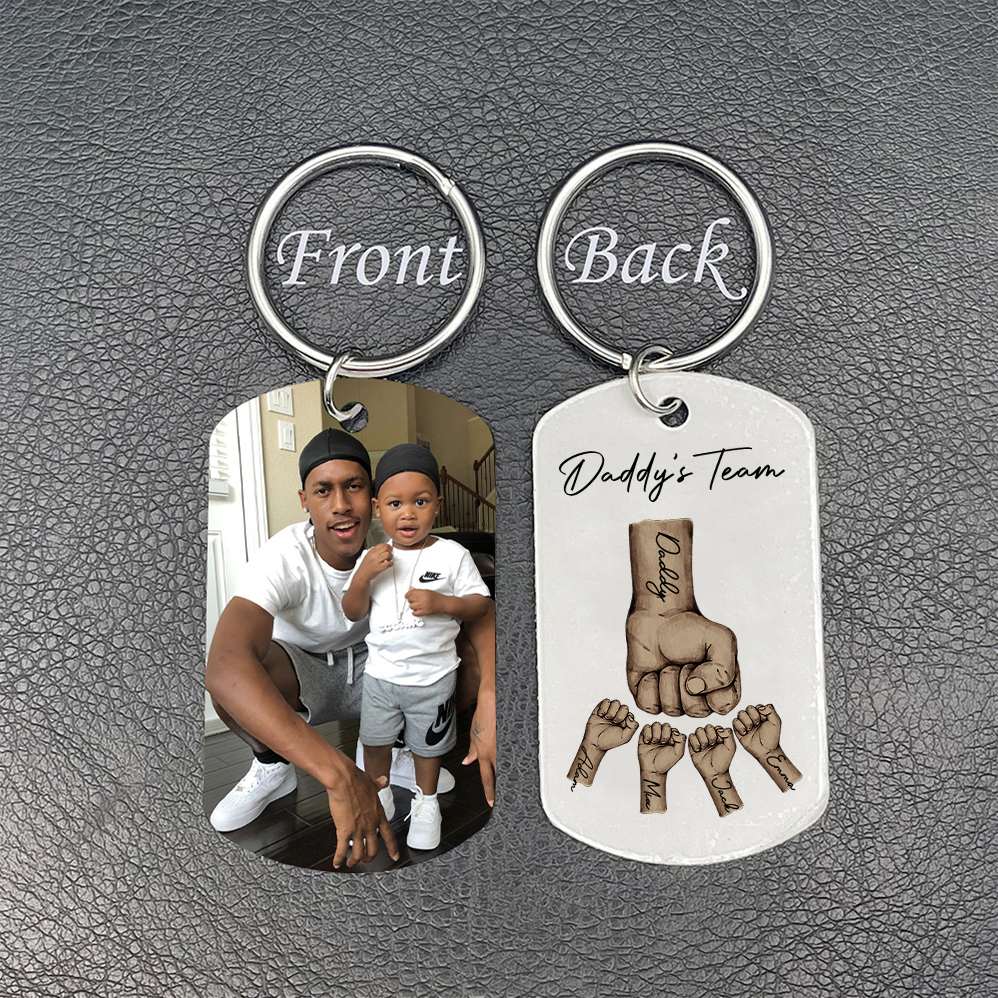 2 Texts, 4 Names & 1 Photo Personalized Keyring – “Daddy’s Team” Design | Lorajewel