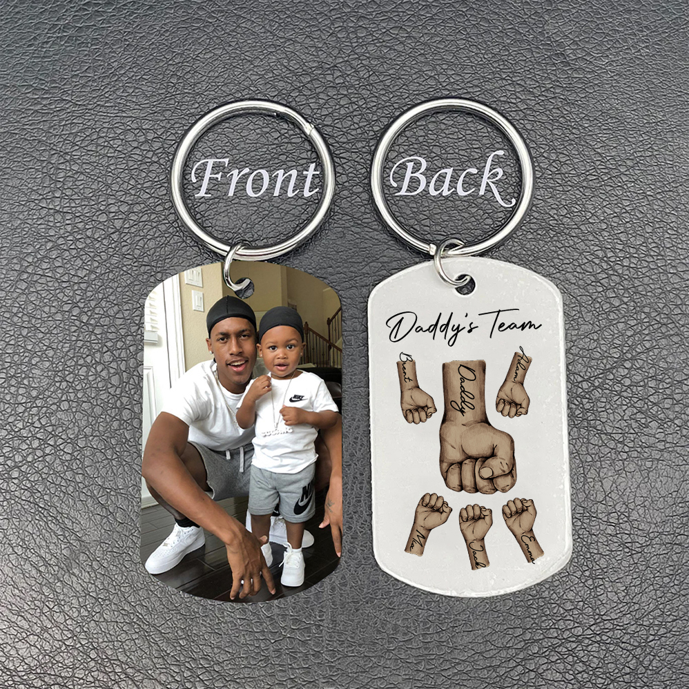 2 Texts, 5 Names & 1 Photo Personalized Keyring – “Daddy’s Team” Design | Lorajewel