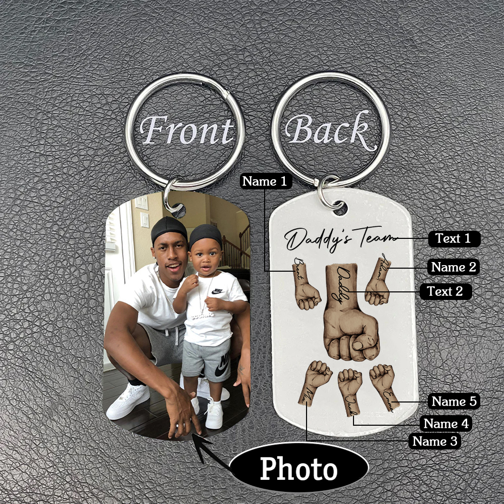 2 Texts, 5 Names & 1 Photo Personalized Keyring – “Daddy’s Team” Design | Lorajewel