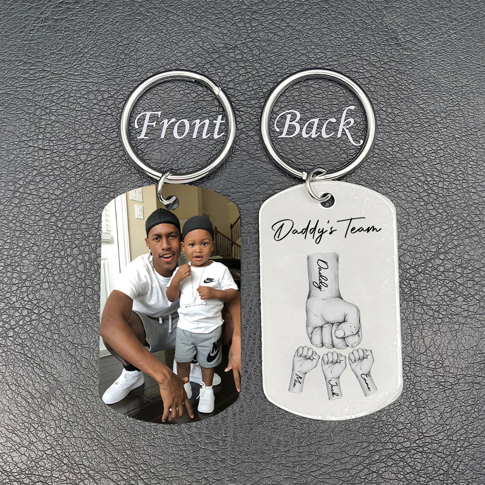2 Texts, 3 Names & 1 Photo Personalized Keyring – “Daddy’s Team” Design | Lorajewel