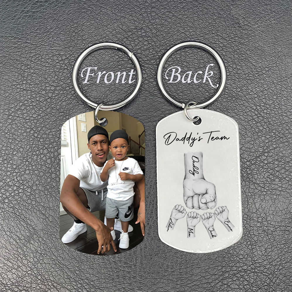 2 Texts, 4 Names & 1 Photo Personalized Keyring – “Daddy’s Team” Design | Lorajewel