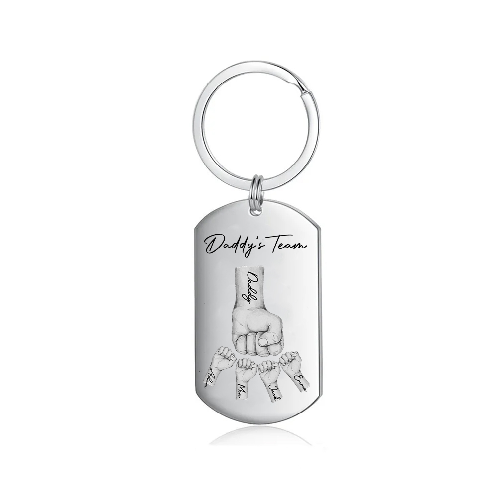 2 Texts, 4 Names & 1 Photo Personalized Keyring – “Daddy’s Team” Design | Lorajewel