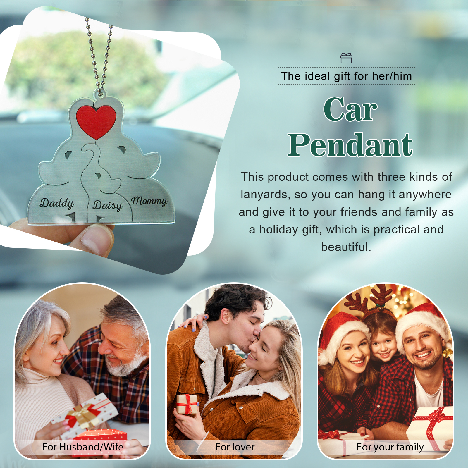 Personalised Acrylic Elephant Keychain Custom 3 Names Hanging Ornaments Christmas Keyring for Couple | Jessemade