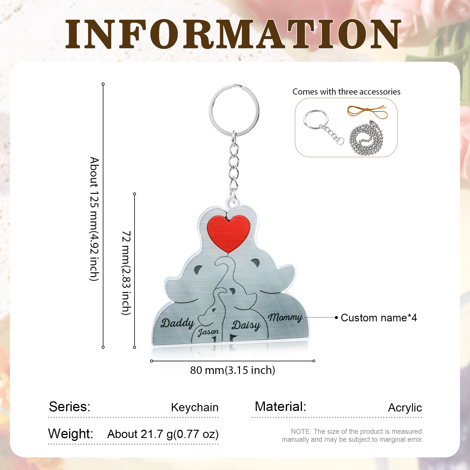 Personalised Acrylic Elephant Keychain Custom 4 Names Hanging Ornaments Christmas Keyring for Family | Jessemade