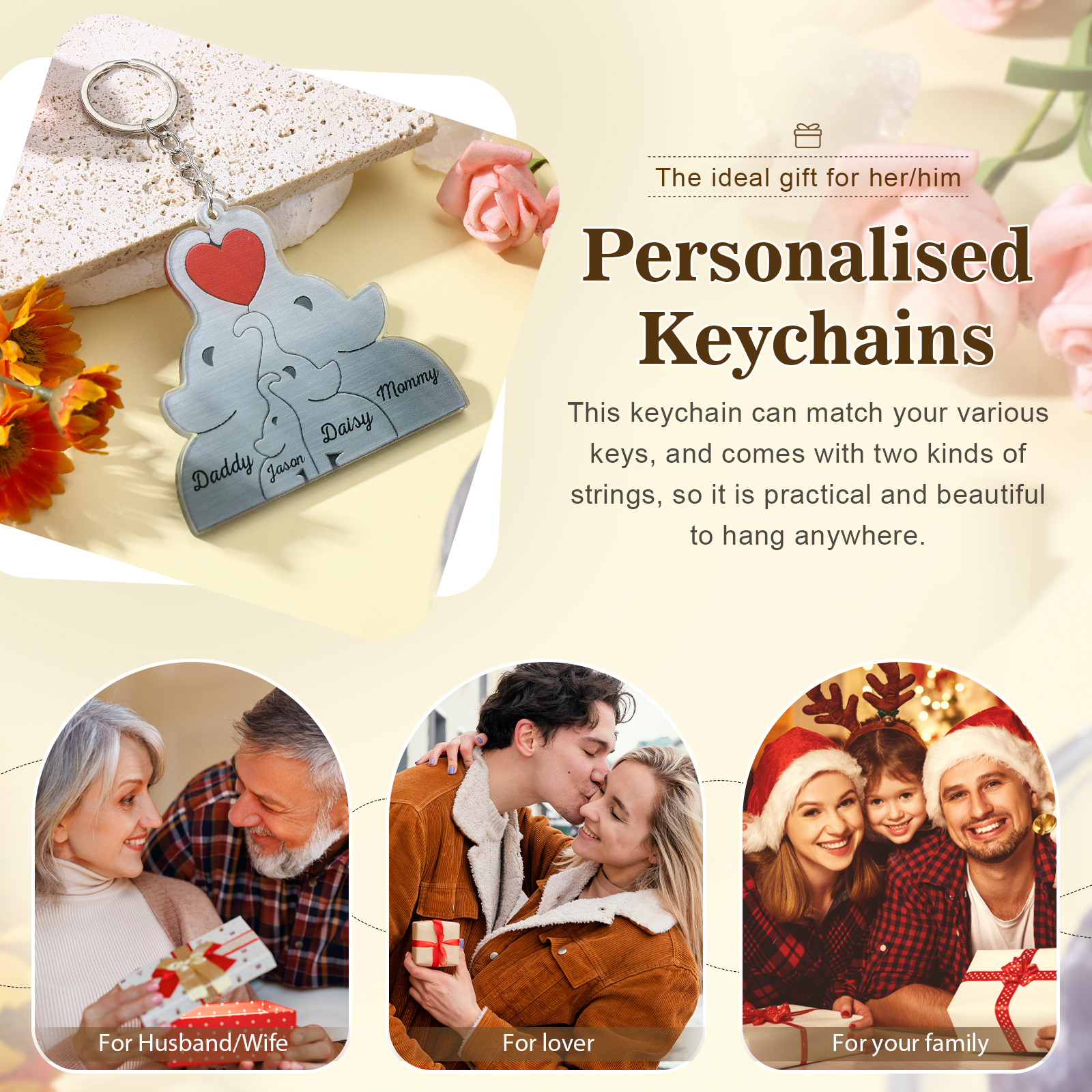 Personalised Acrylic Elephant Keychain Custom 4 Names Hanging Ornaments Christmas Keyring for Family | Jessemade