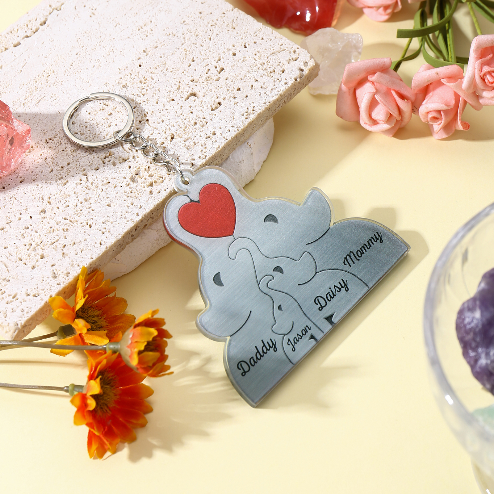 Personalised Acrylic Elephant Keychain Custom 4 Names Hanging Ornaments Christmas Keyring for Family | Jessemade