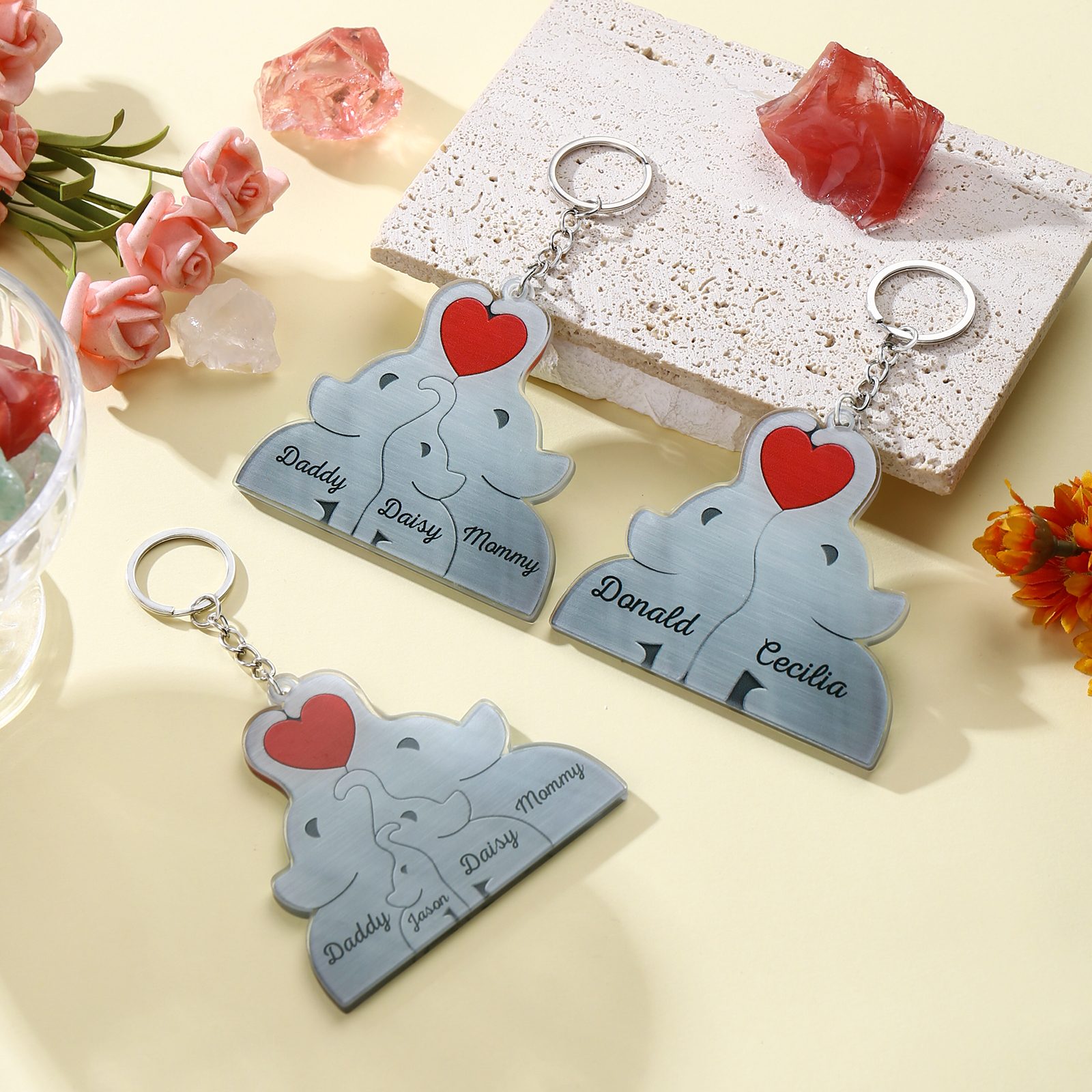 Personalised Acrylic Elephant Keychain Custom 4 Names Hanging Ornaments Christmas Keyring for Family | Jessemade