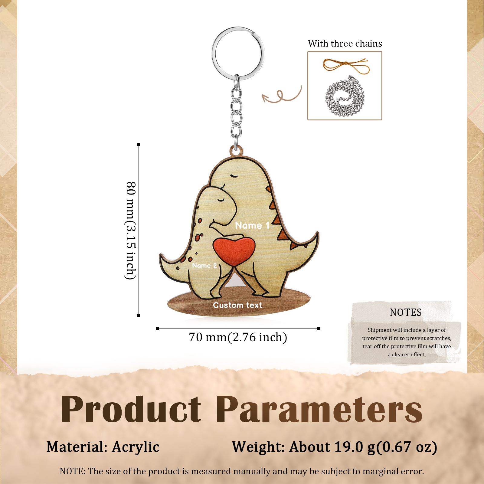 2 Names - Personalised Acrylic Dinosaur Keychain Custom Text & Name Keyring Gifts for Father/Mother